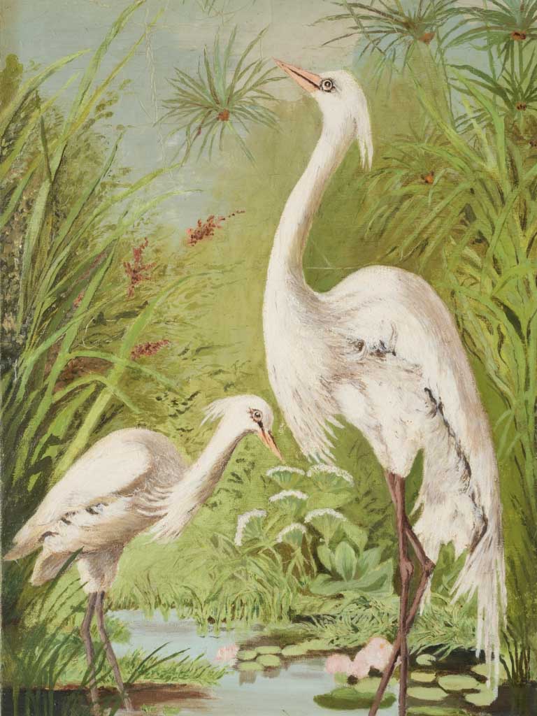 Tall French Decorative Panel w/ Herons and Waterlilies Dated 1902 - 36½" x 13"