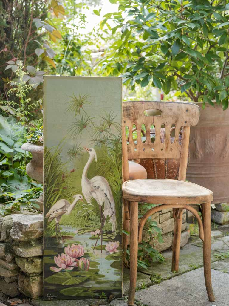 Tall French Decorative Panel w/ Herons and Waterlilies Dated 1902 - 36½" x 13"