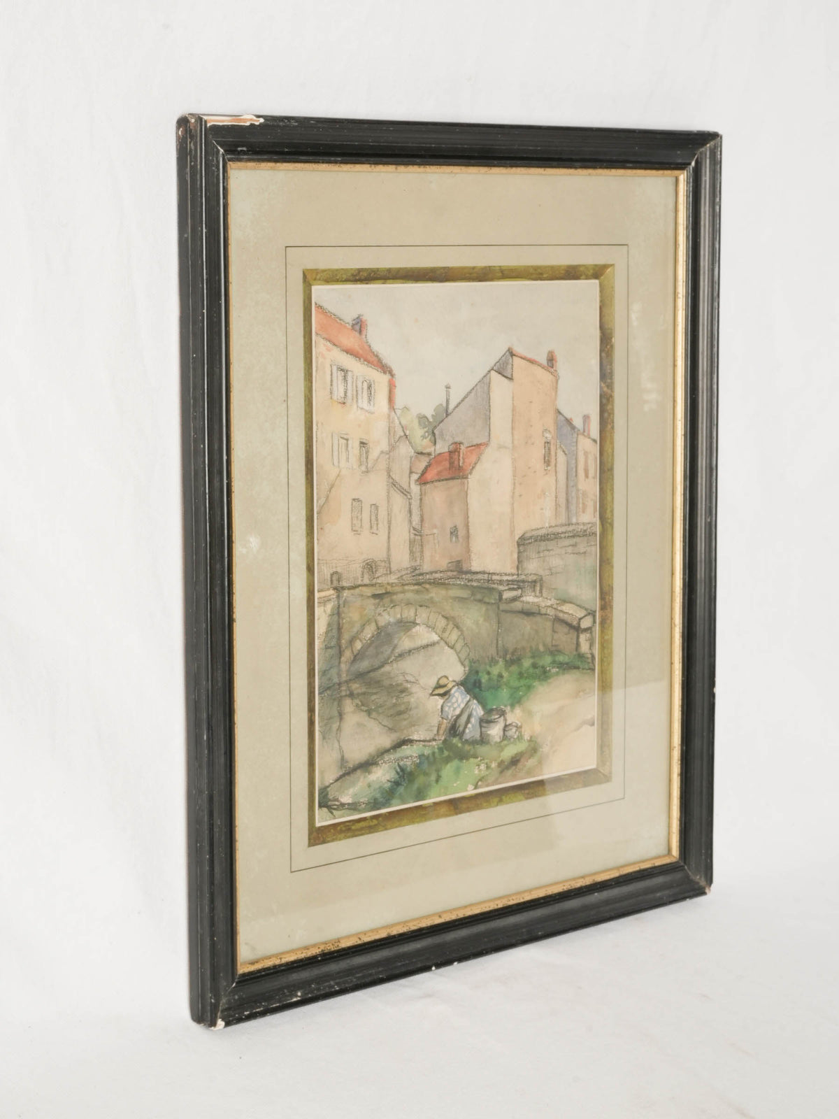 Antique French Watercolor Village Scene in Black Gilt Frame 20½" x 17¼"