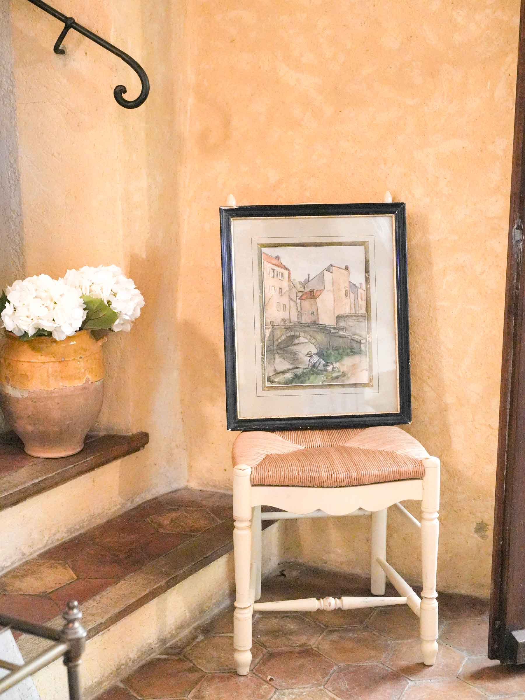 Antique French Watercolor Village Scene in Black Gilt Frame 20½" x 17¼"