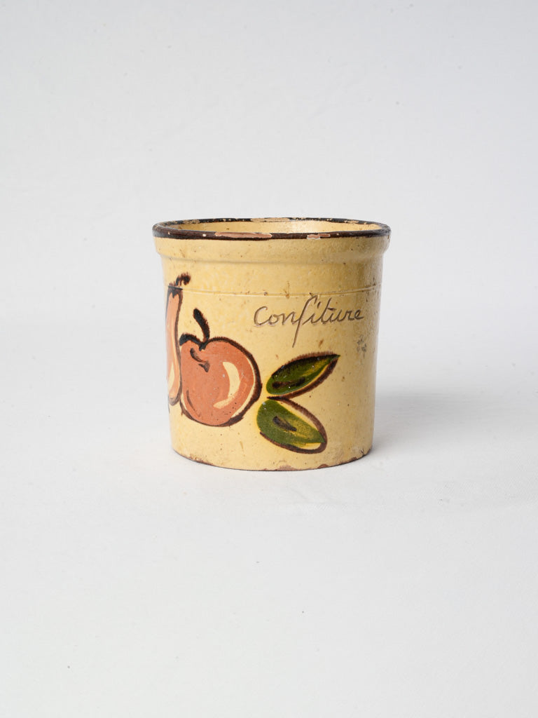 Large Savoyard Yellow Glazed Terracotta Jam Jar w/ Fruit Decoration - 5½"