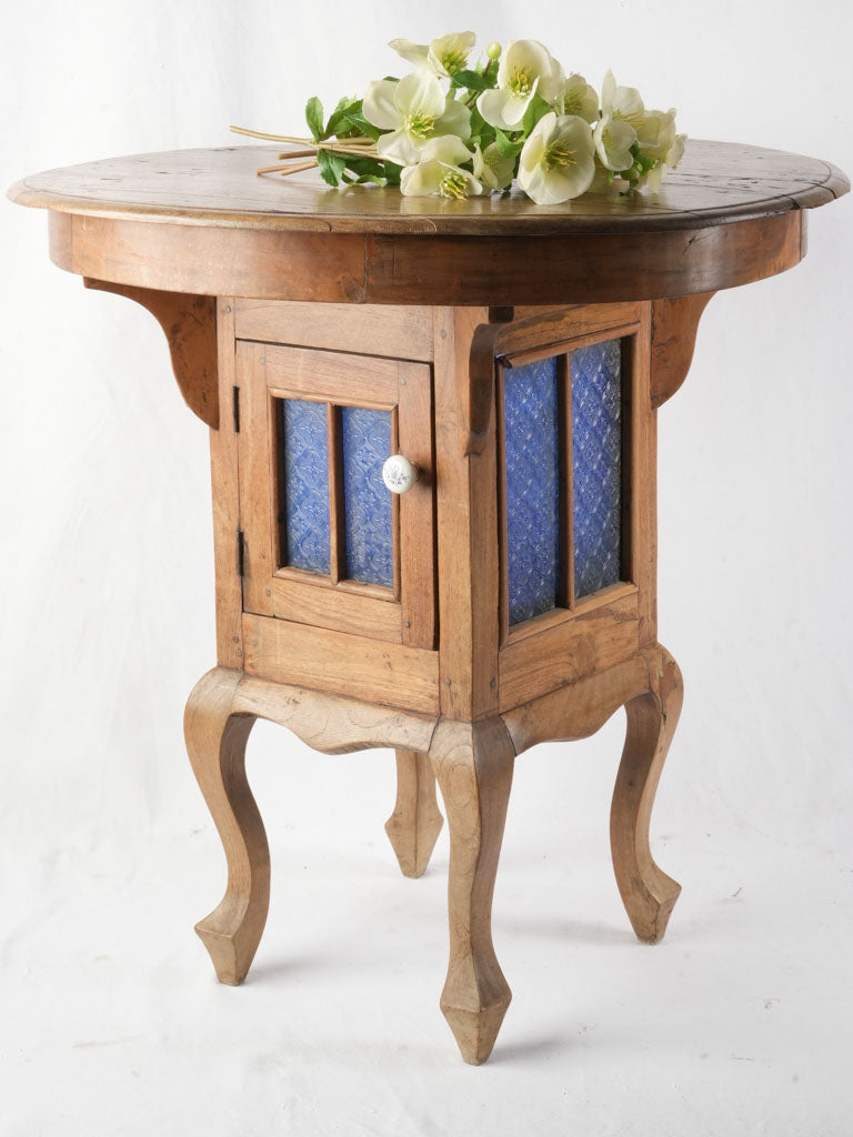 Distinctive French Fruitwood Side Table w/ Blue Glass Cabinet c. 1900 - 27½"