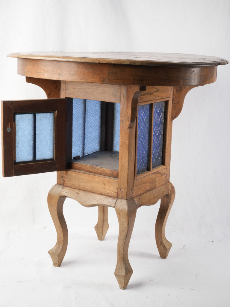 Distinctive French Fruitwood Side Table w/ Blue Glass Cabinet c. 1900 - 27½"
