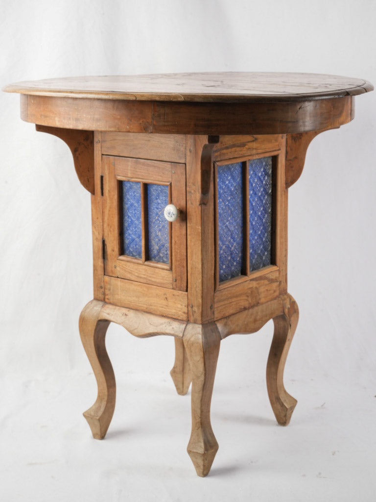 Distinctive French Fruitwood Side Table w/ Blue Glass Cabinet c. 1900 - 27½"