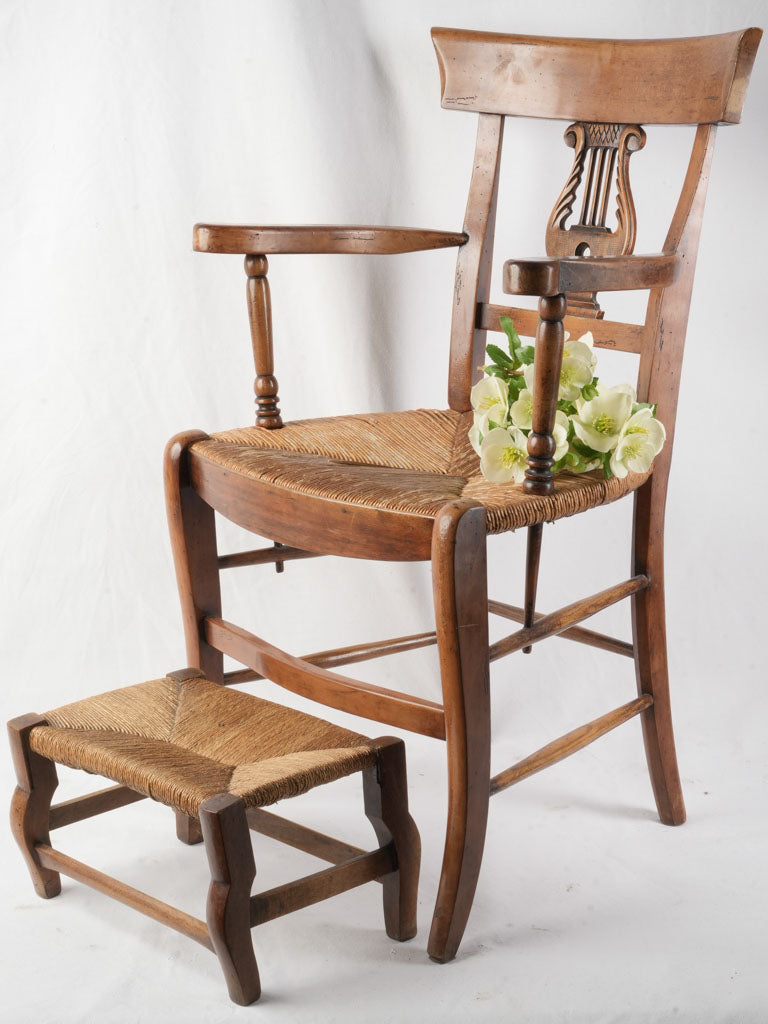Late 19th Century Provençal Lyre-Back Armchair and Footstool w/ Rush Seat - 35"