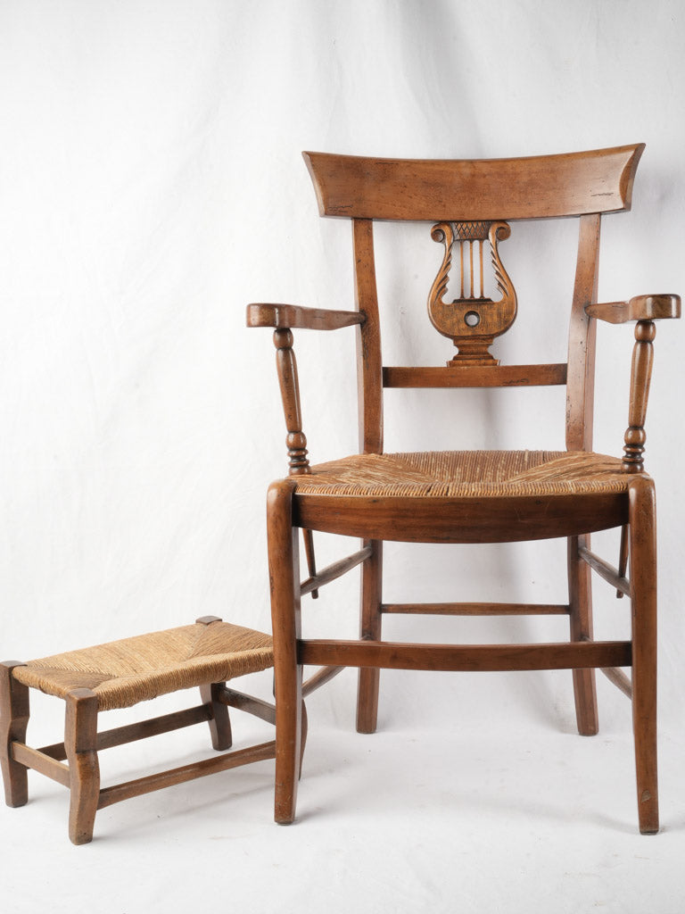 Late 19th Century Provençal Lyre-Back Armchair and Footstool w/ Rush Seat - 35"