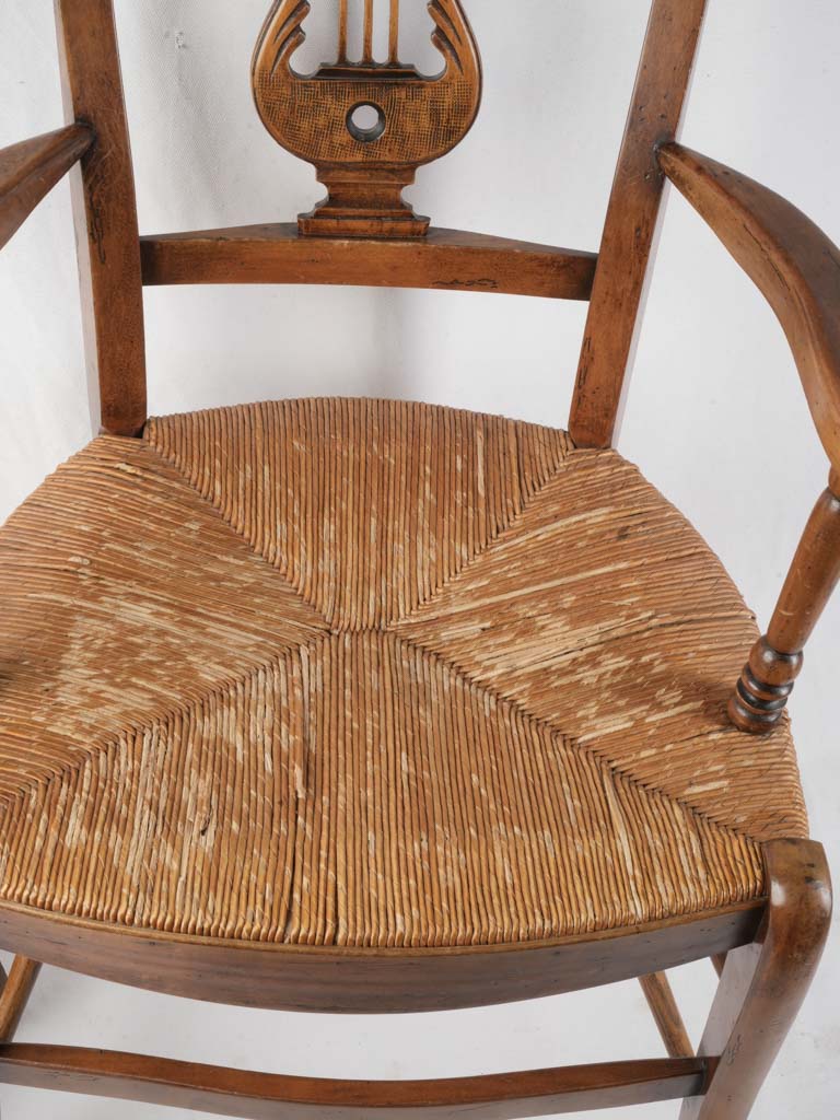 Late 19th Century Provençal Lyre-Back Armchair and Footstool w/ Rush Seat - 35"