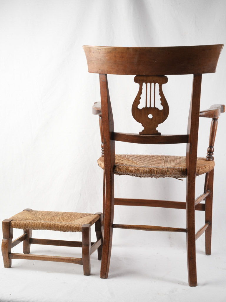 Late 19th Century Provençal Lyre-Back Armchair and Footstool w/ Rush Seat - 35"