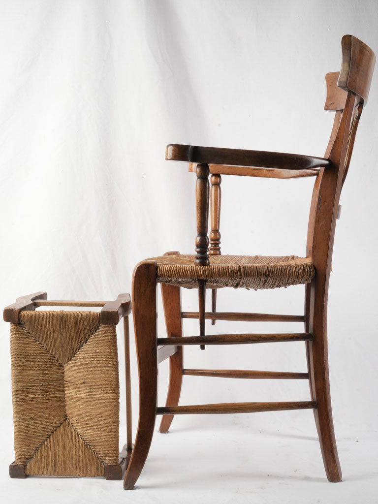 Late 19th Century Provençal Lyre-Back Armchair and Footstool w/ Rush Seat - 35"