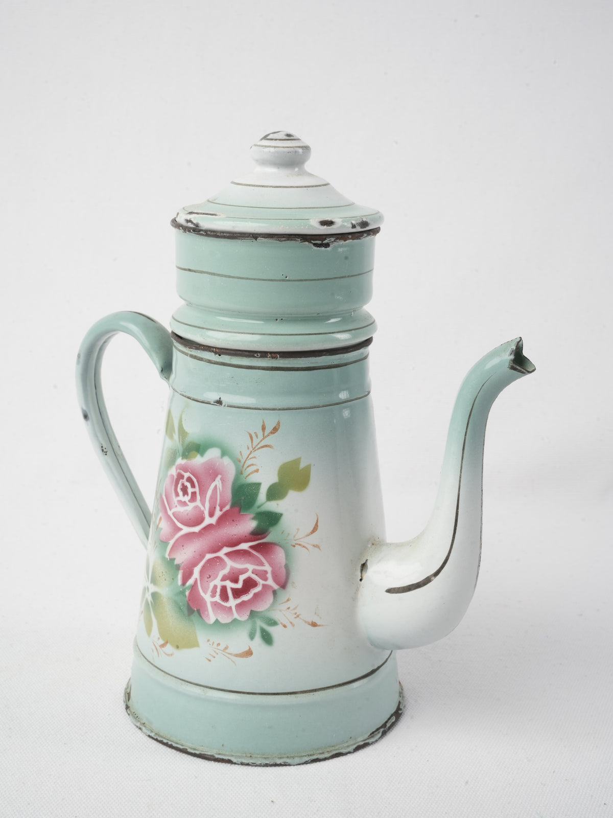Early 20th-Century French Enamel Coffee Pot w/ Rose Motif - 10¾
