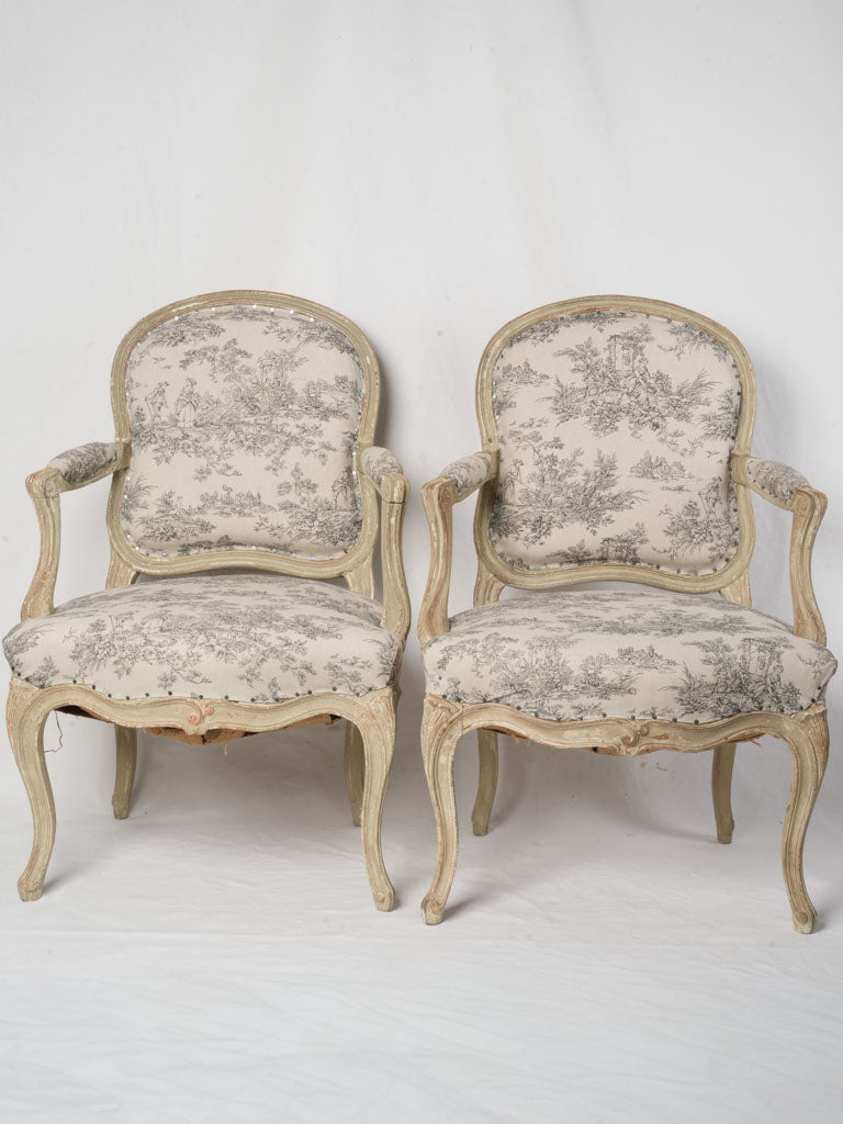 Pair of French Louis XV Style Queen-Back Armchairs c. 1900 - 33½"