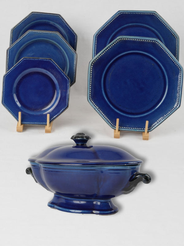 Vintage blue-glazed ceramic Dieulefit tureen