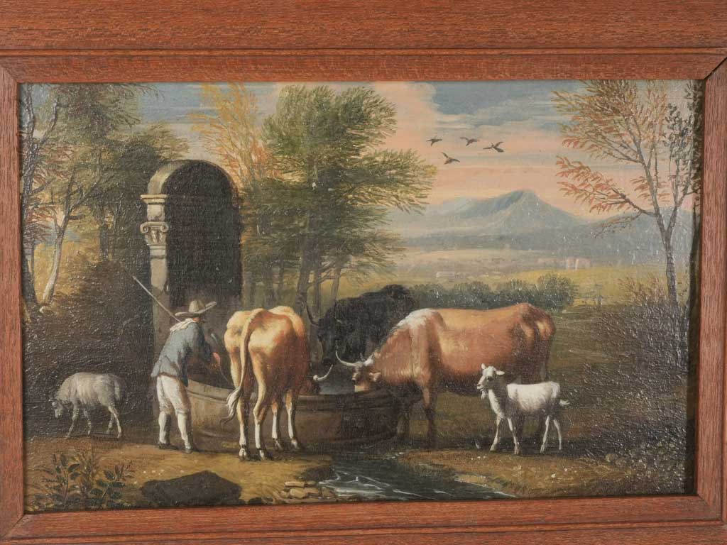 Petite 18th Century Pastoral Oil on Panel Initialed VS For Von der Schlichten - 12½" x 16½"