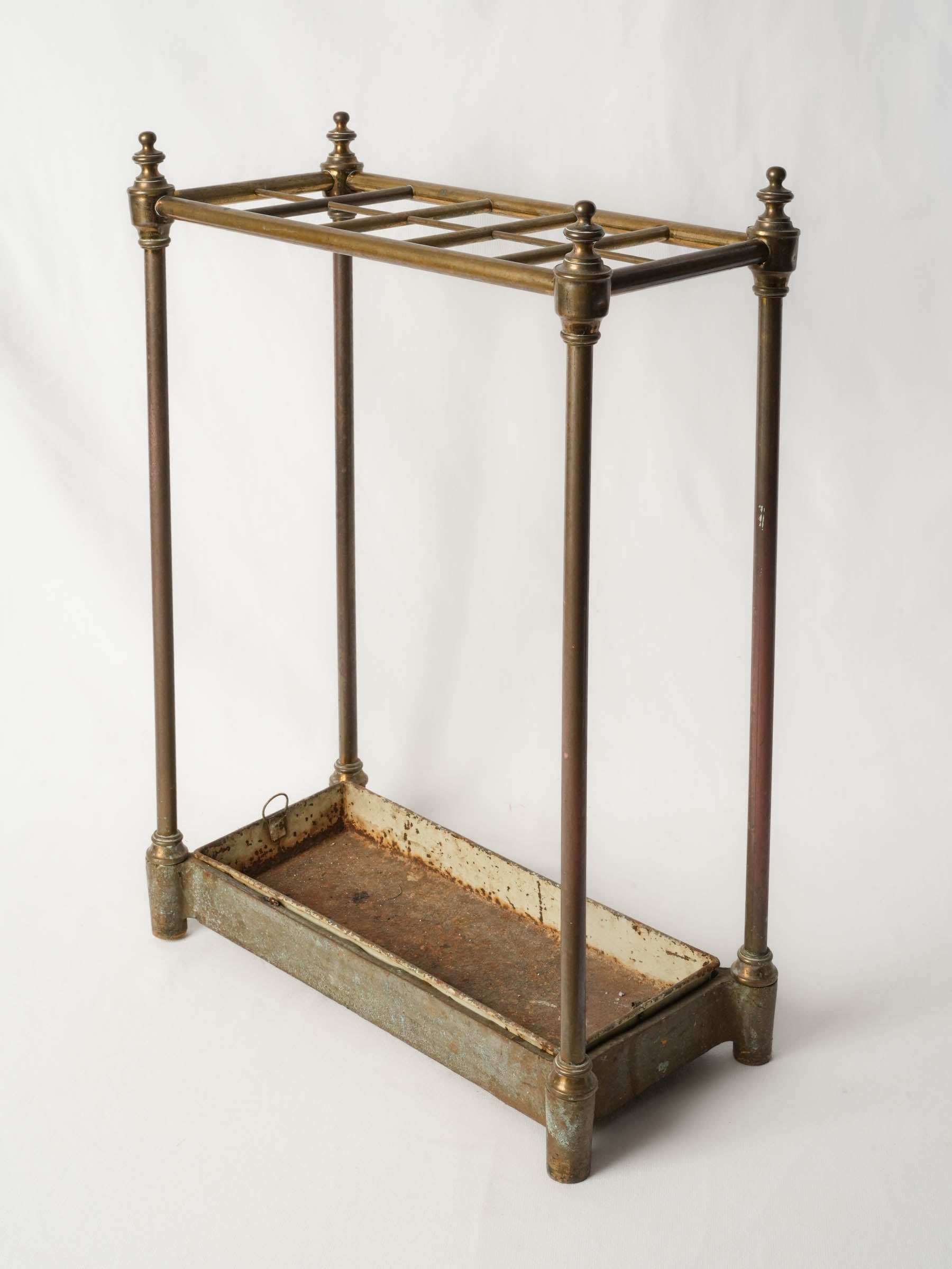 Vintage French Brass Umbrella Stand with 10 Umbrellas