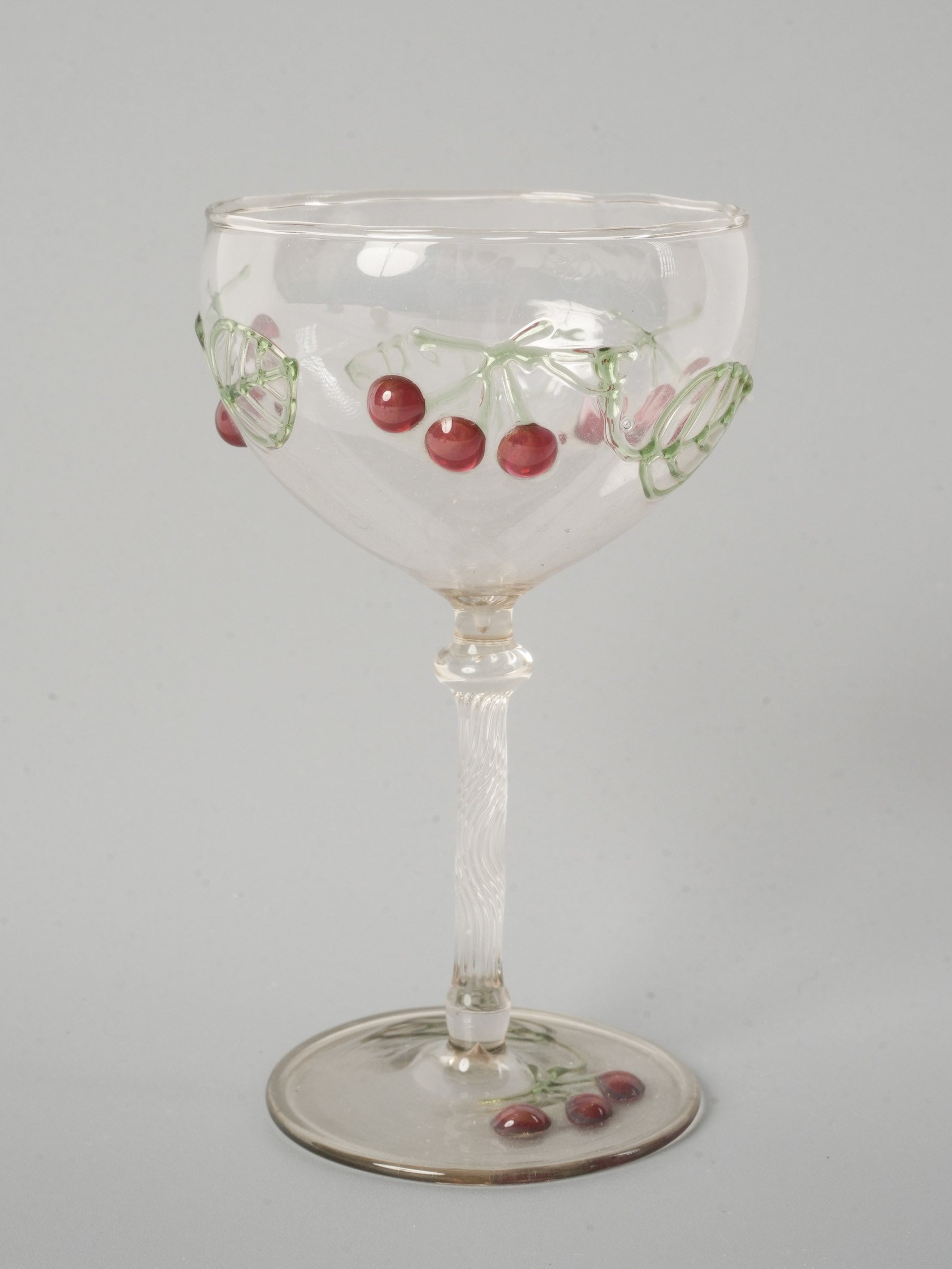 Vintage Bohemian Glass Coupe w/ Hand Enameled Cherries 4¼"