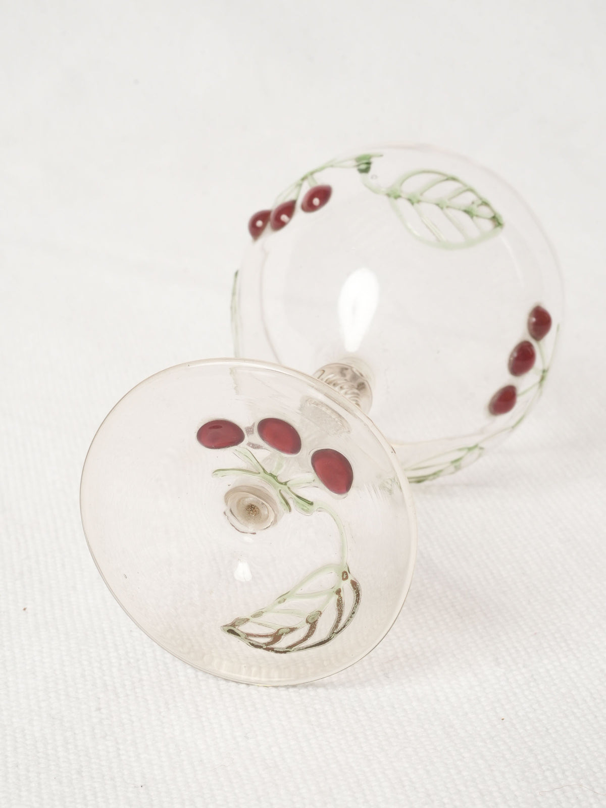 Vintage Bohemian Glass Coupe w/ Hand Enameled Cherries 4¼"