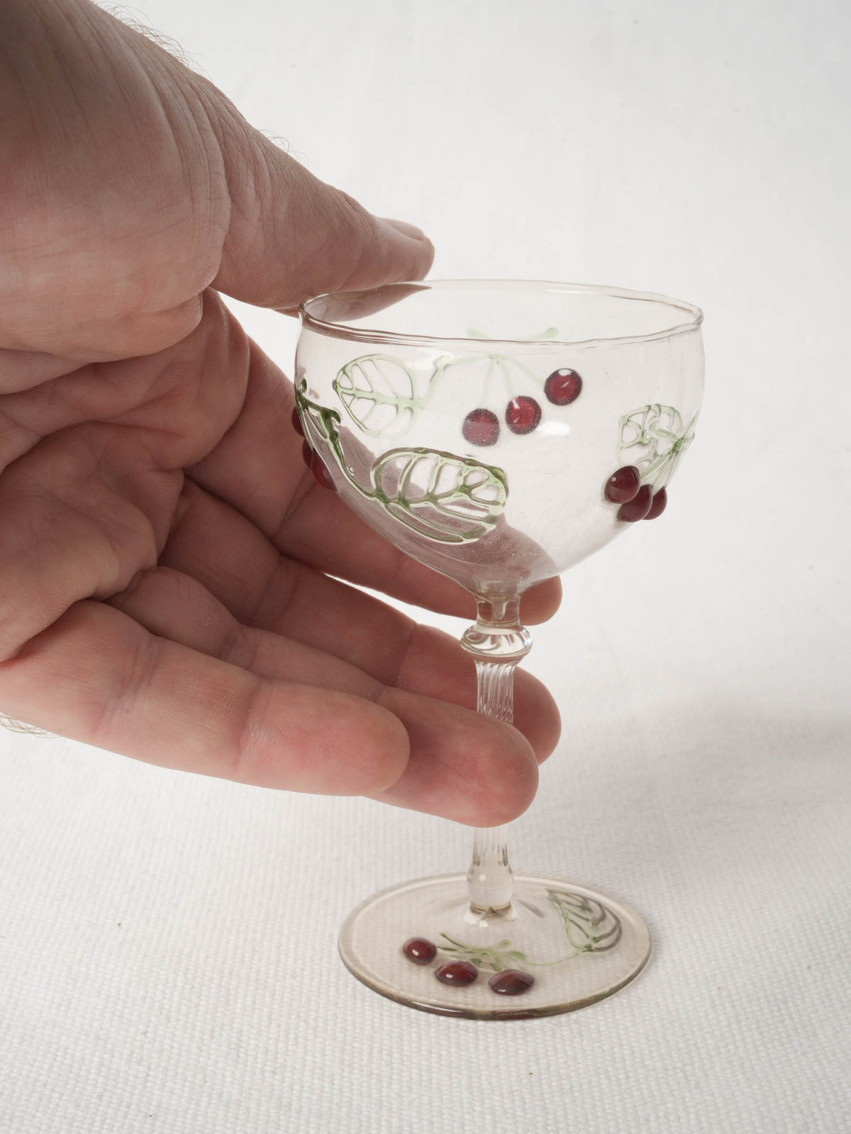 Vintage Bohemian Glass Coupe w/ Hand Enameled Cherries 4¼"