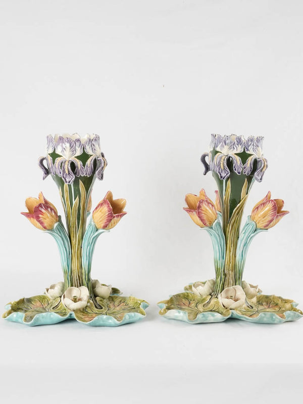 Pair of Art Nouveau Barbotine tulip & iris vases - Centre de table aux 3 tulipes no 38, Faïence d'Onnaing 14¼"