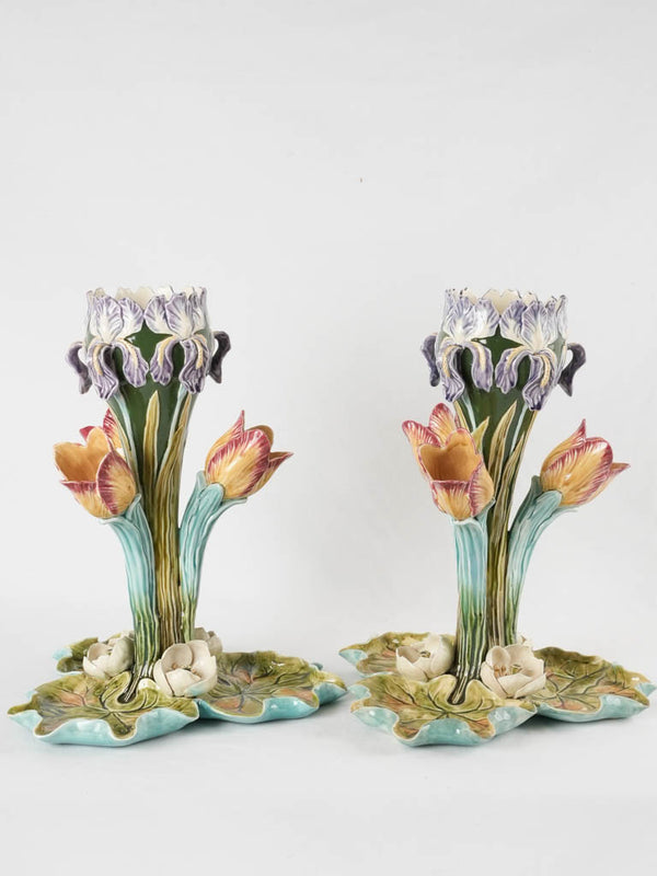 Pair of Art Nouveau Barbotine tulip & iris vases - Centre de table aux 3 tulipes no 38, Faïence d'Onnaing 14¼"