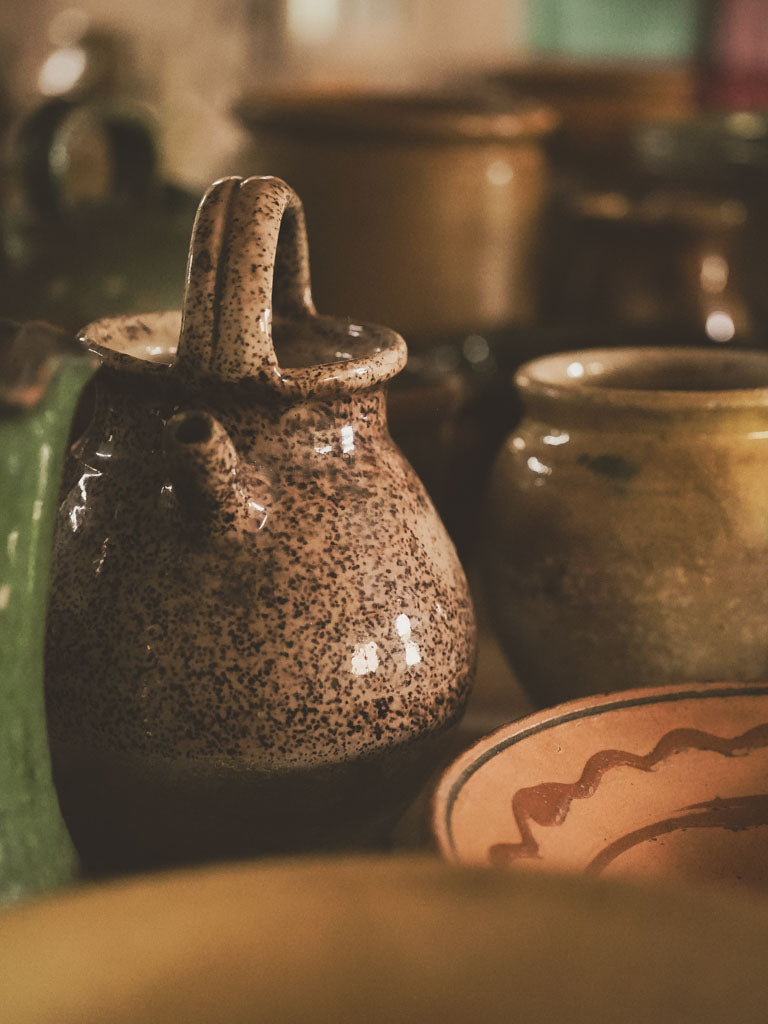 Antique Provençal cruche pitcher w/ speckled half glaze 9½"