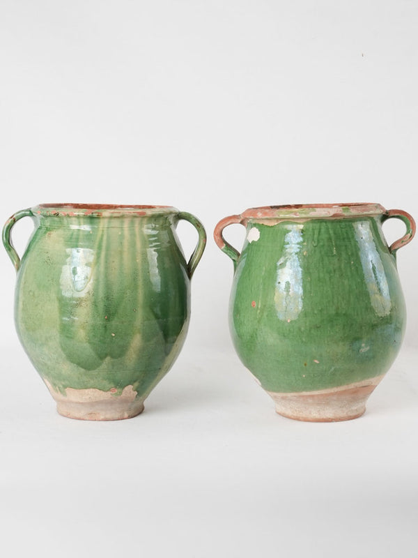 2 antique French confit pots - green 11½"