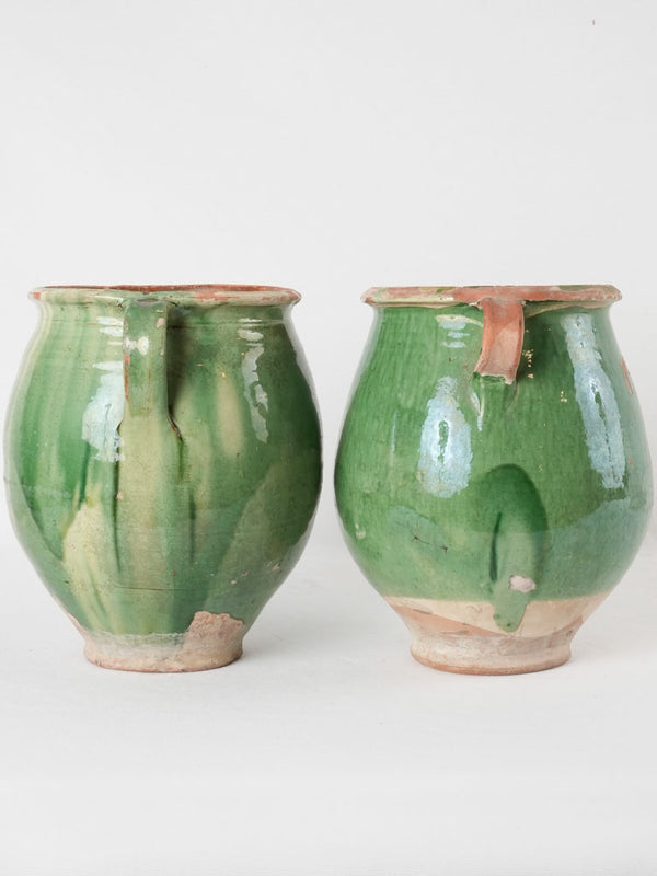 2 antique French confit pots - green 11½"