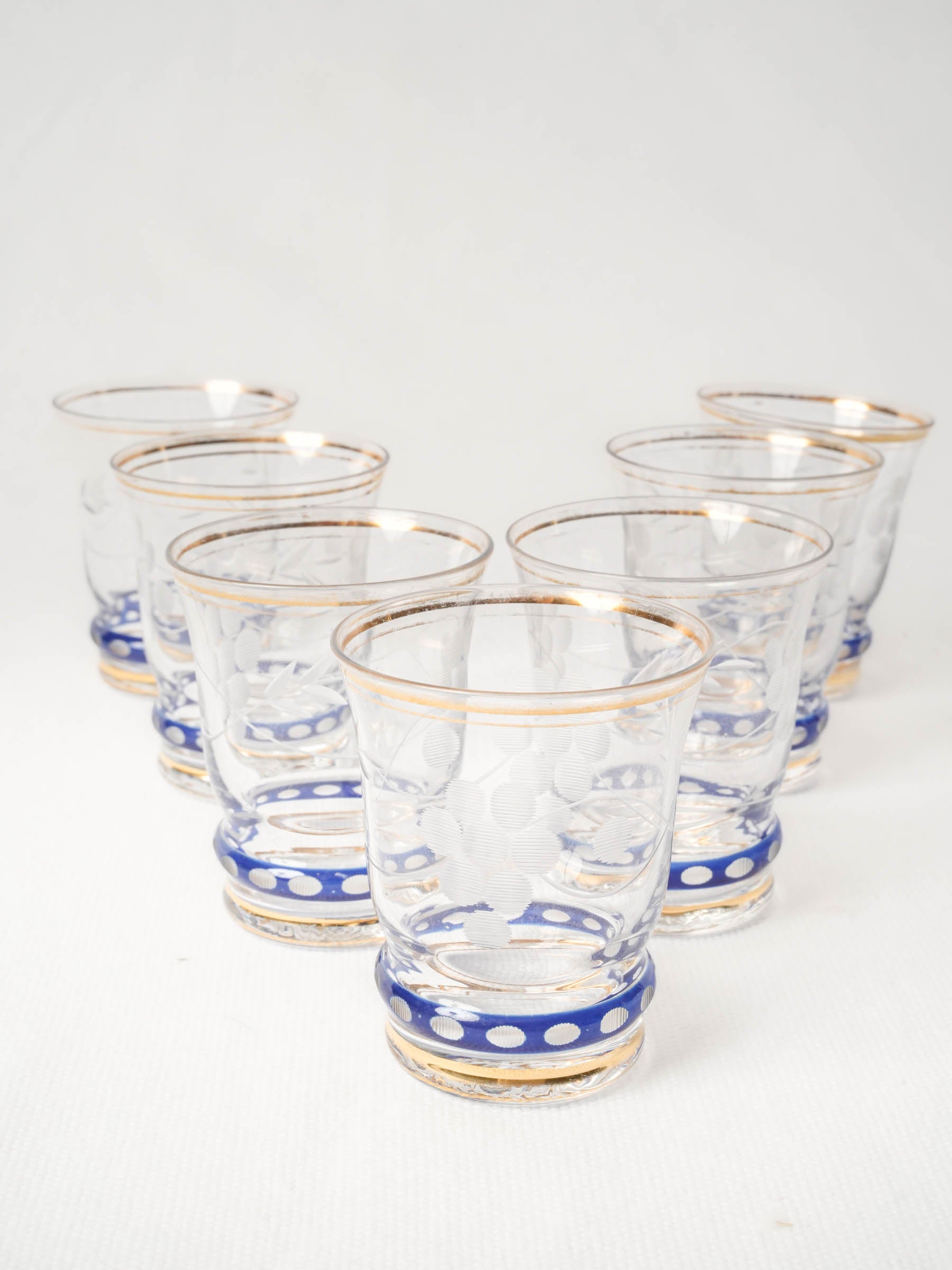 Set of Six Vintage Blue Etched Apéritif Glasses from Paris 1950s