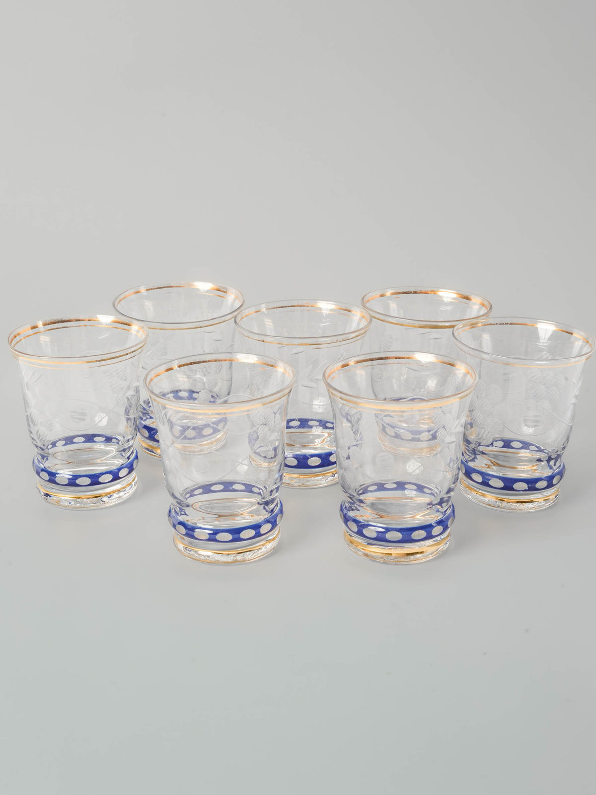Set of Six Vintage Blue Etched Apéritif Glasses from Paris 1950s