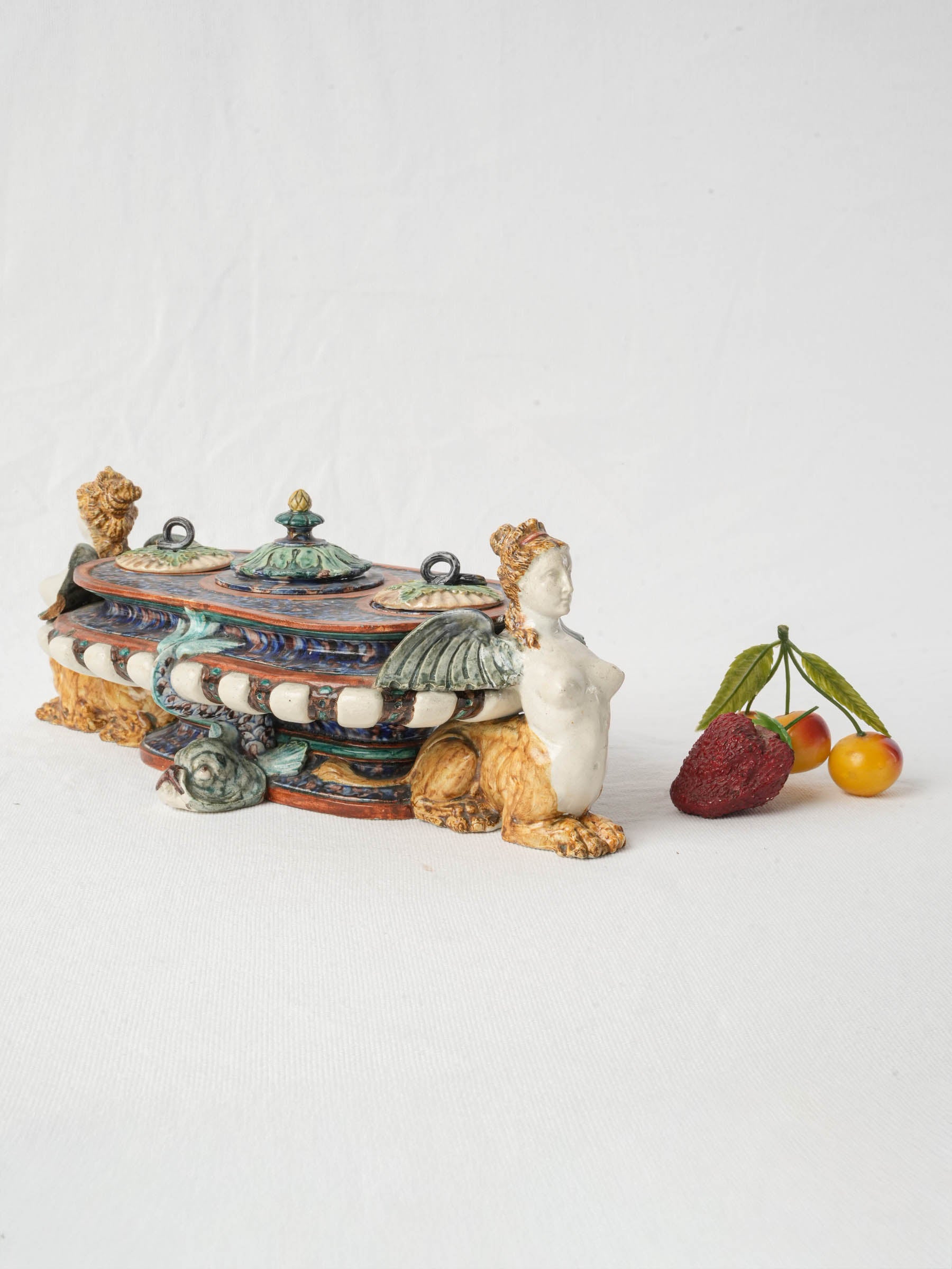 Rare Palissy-Style Earthenware Inkstand with Sphinxes by Thomas Sergent - 13"