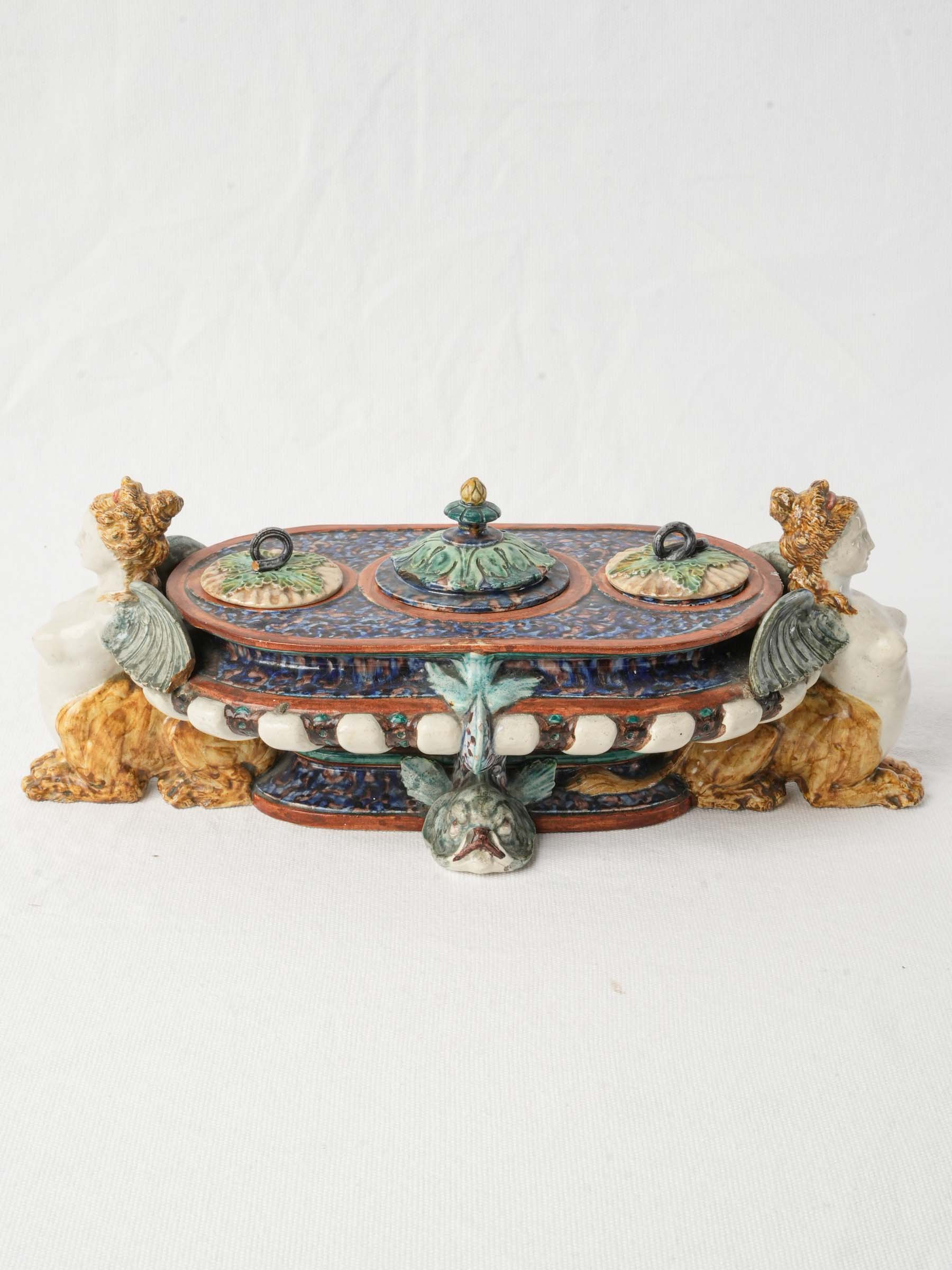 Rare Palissy-Style Earthenware Inkstand with Sphinxes by Thomas Sergent - 13"
