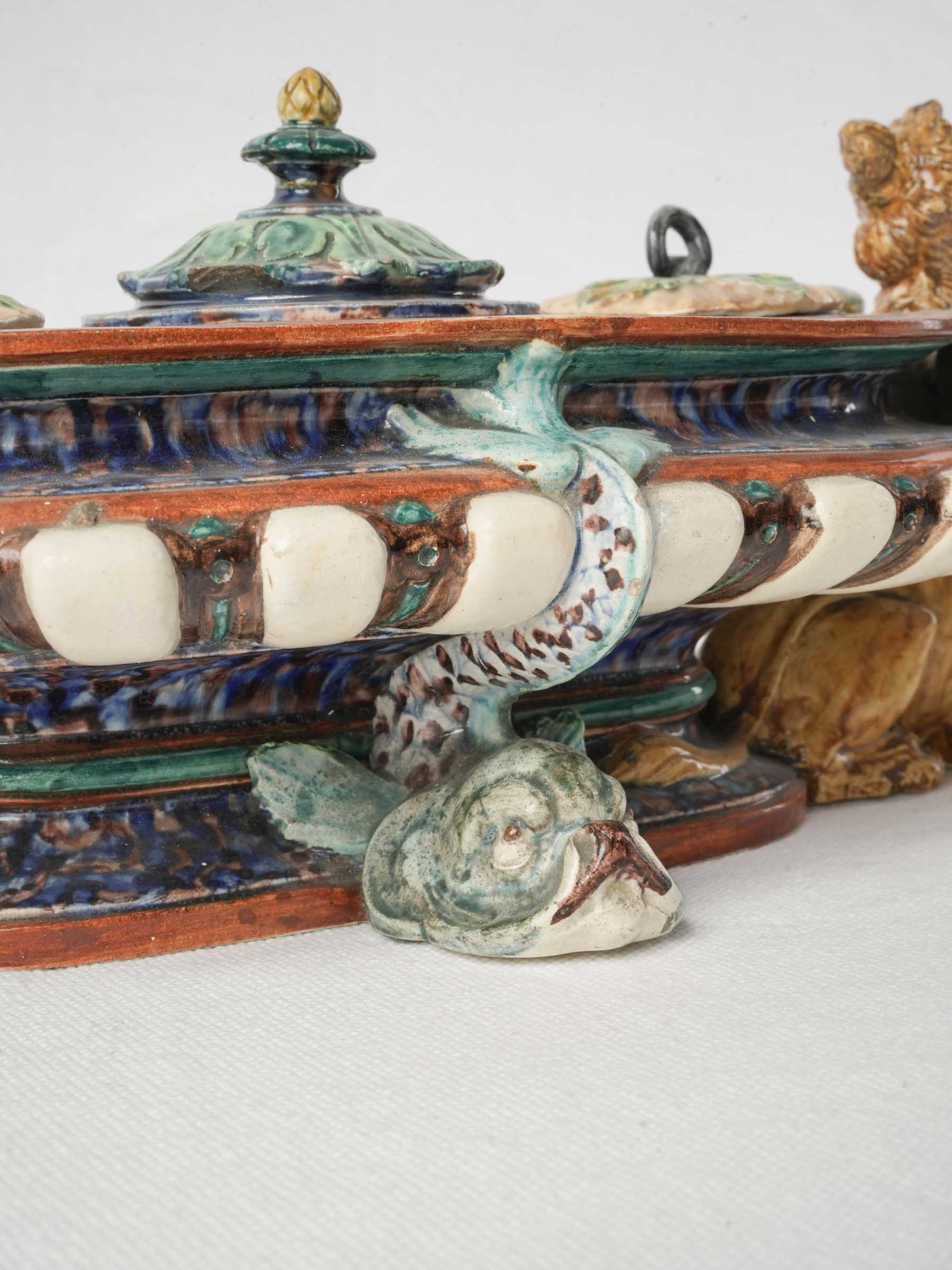 Rare Palissy-Style Earthenware Inkstand with Sphinxes by Thomas Sergent - 13"