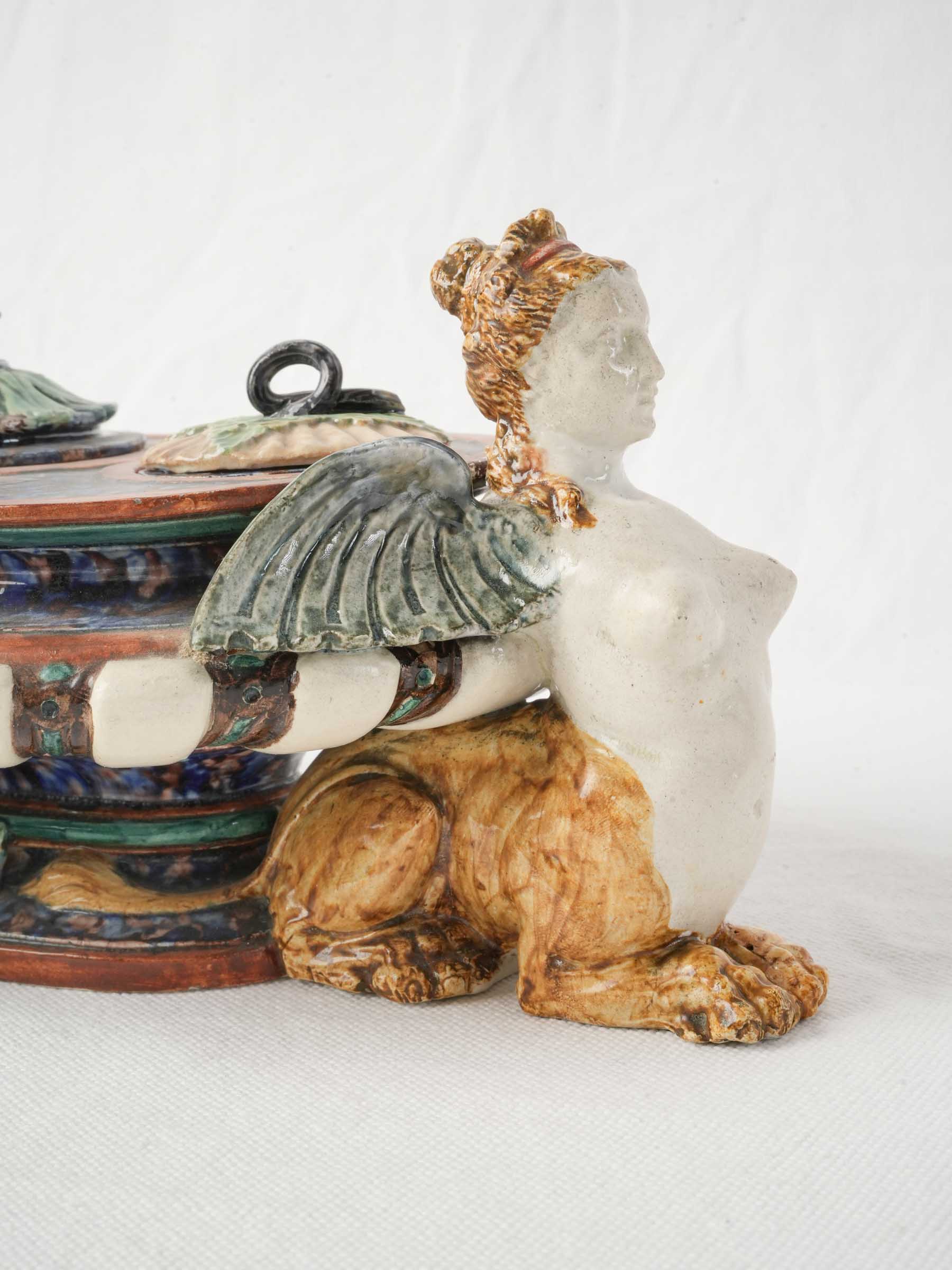 Rare Palissy-Style Earthenware Inkstand with Sphinxes by Thomas Sergent - 13"