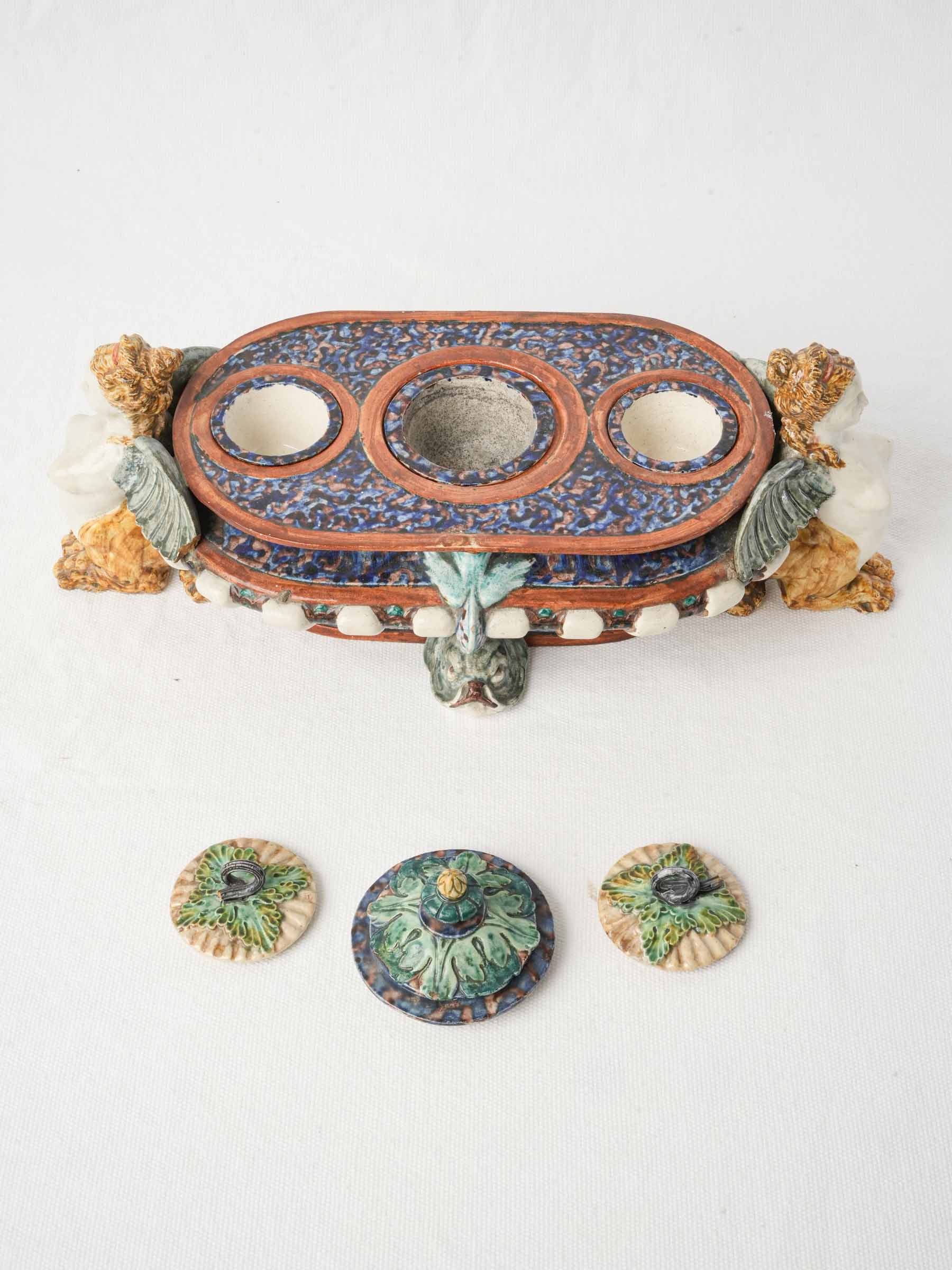 Rare Palissy-Style Earthenware Inkstand with Sphinxes by Thomas Sergent - 13"