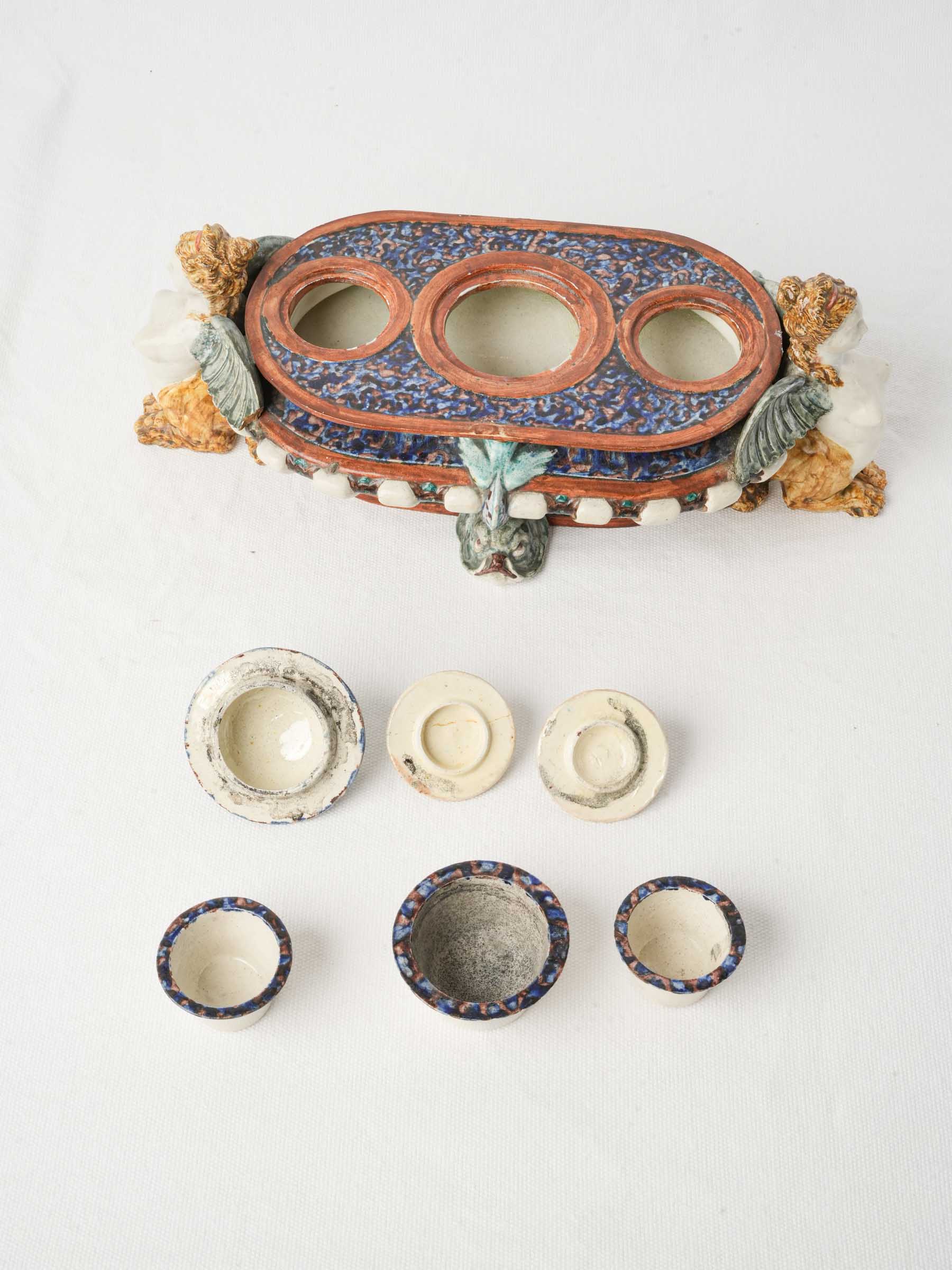 Rare Palissy-Style Earthenware Inkstand with Sphinxes by Thomas Sergent - 13"