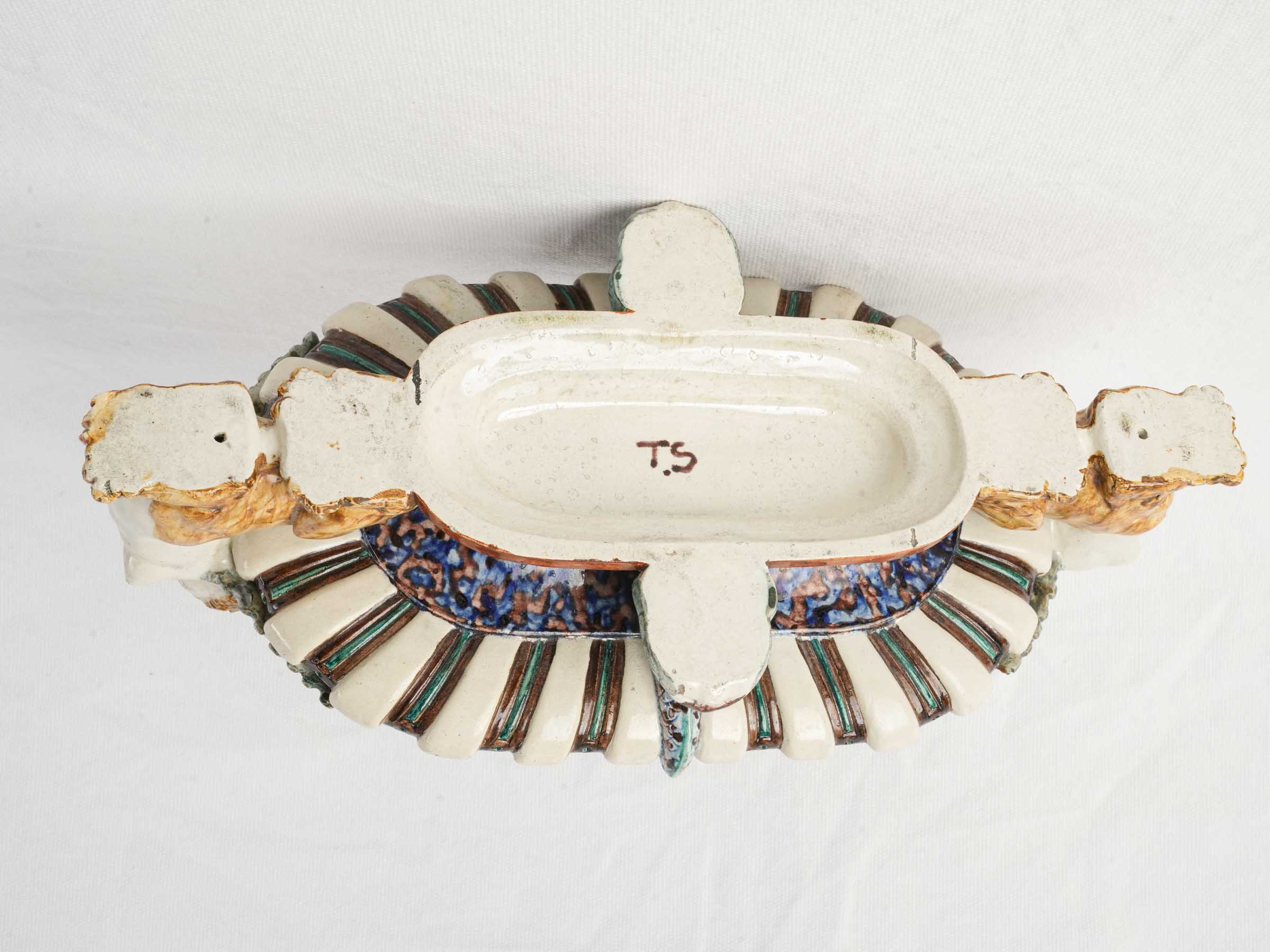 Rare Palissy-Style Earthenware Inkstand with Sphinxes by Thomas Sergent - 13"