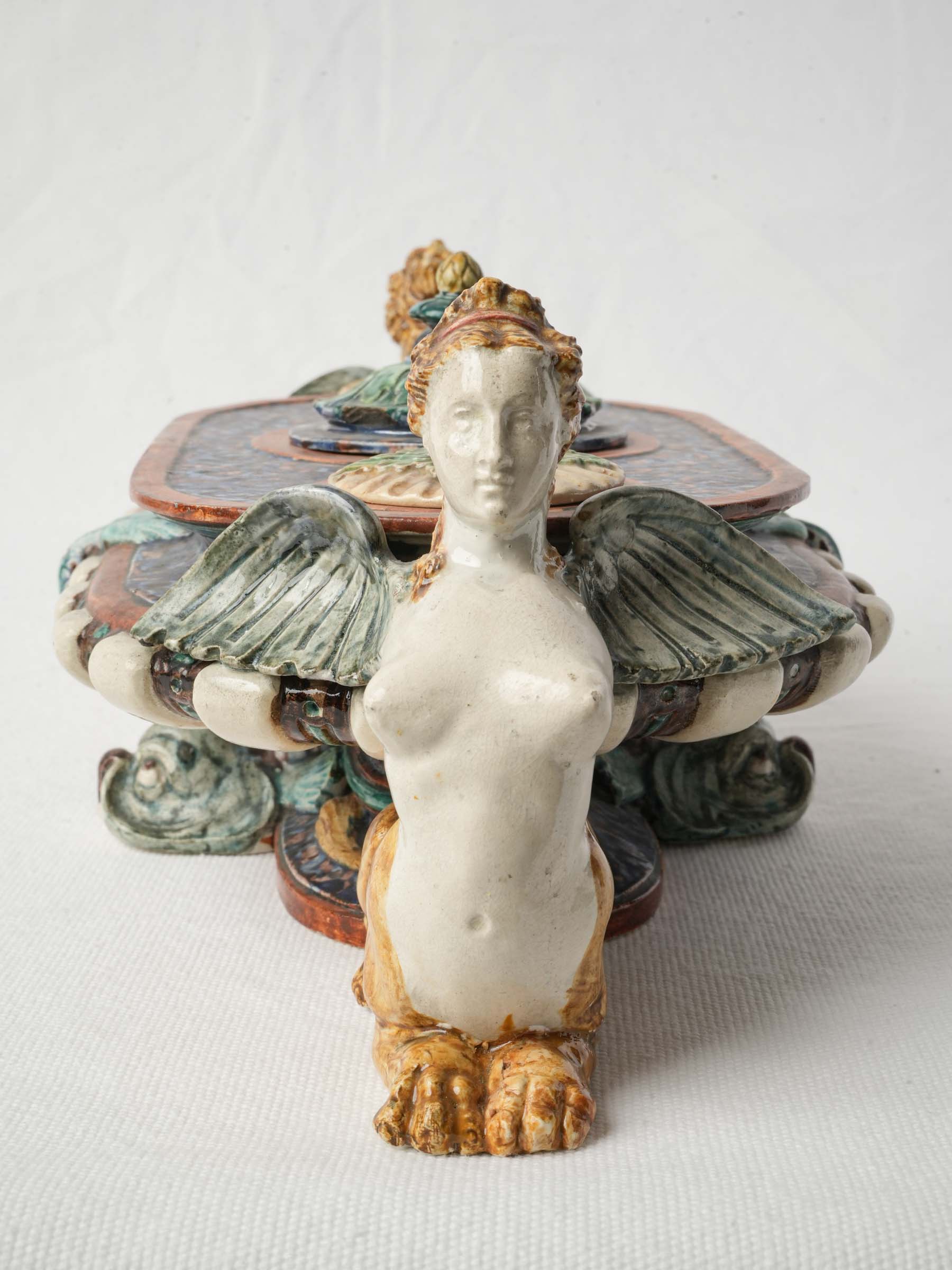 Rare Palissy-Style Earthenware Inkstand with Sphinxes by Thomas Sergent - 13"