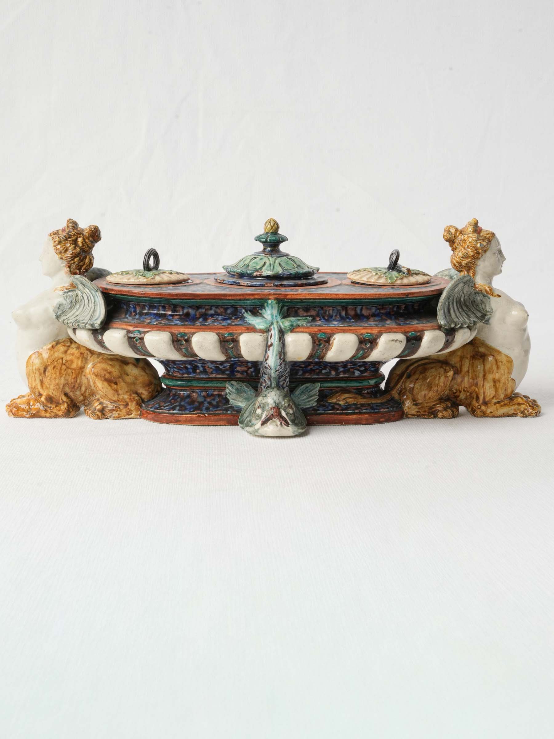 Rare Palissy-Style Earthenware Inkstand with Sphinxes by Thomas Sergent - 13"