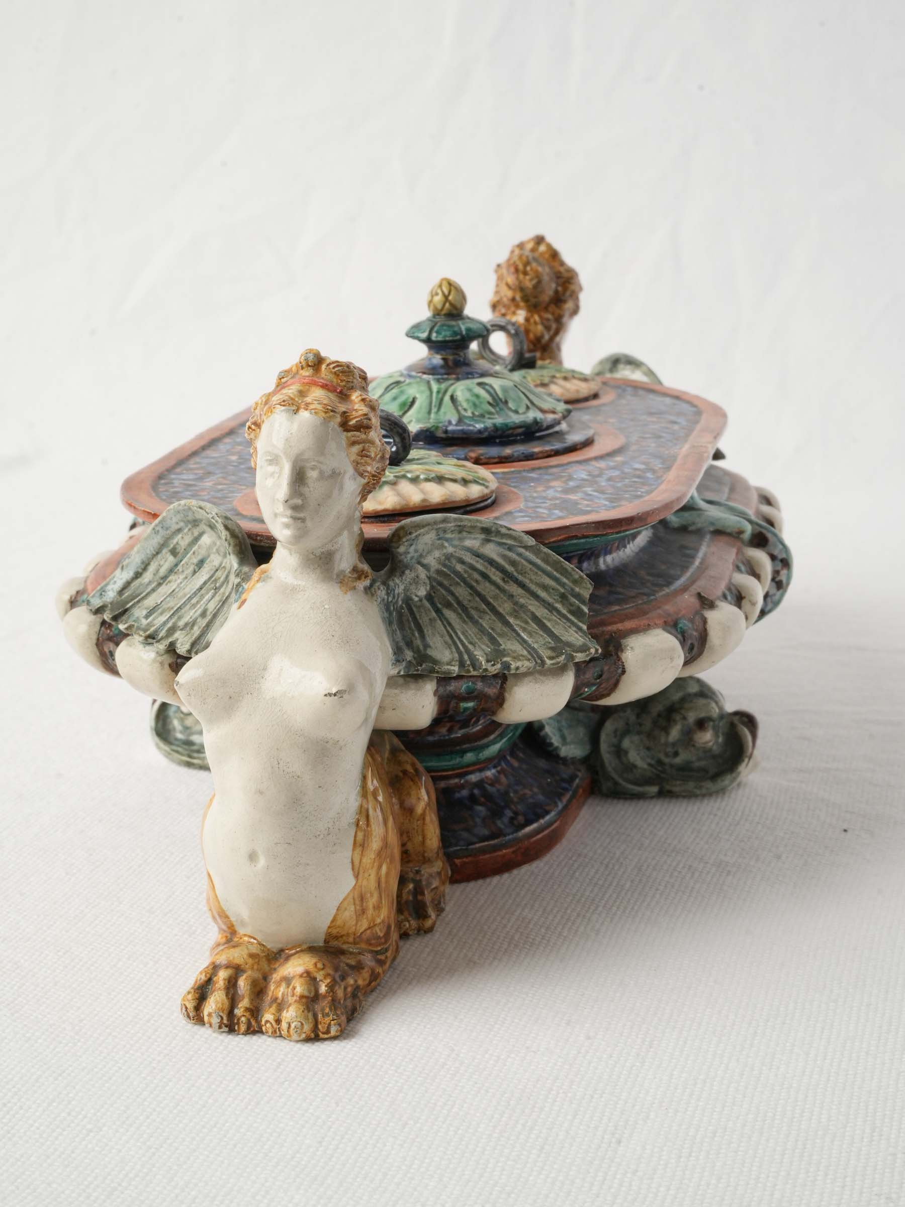 Rare Palissy-Style Earthenware Inkstand with Sphinxes by Thomas Sergent - 13"