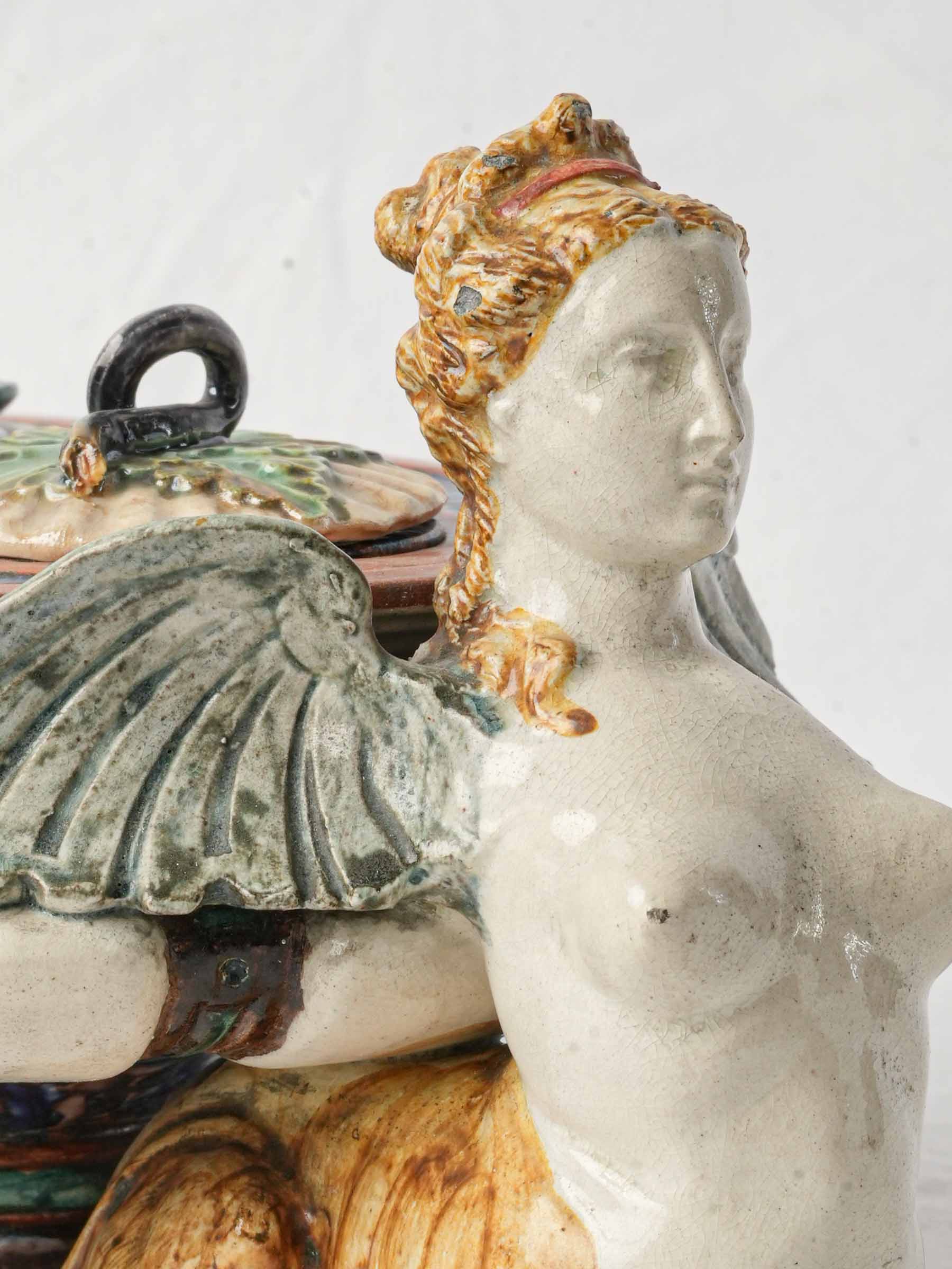 Rare Palissy-Style Earthenware Inkstand with Sphinxes by Thomas Sergent - 13"