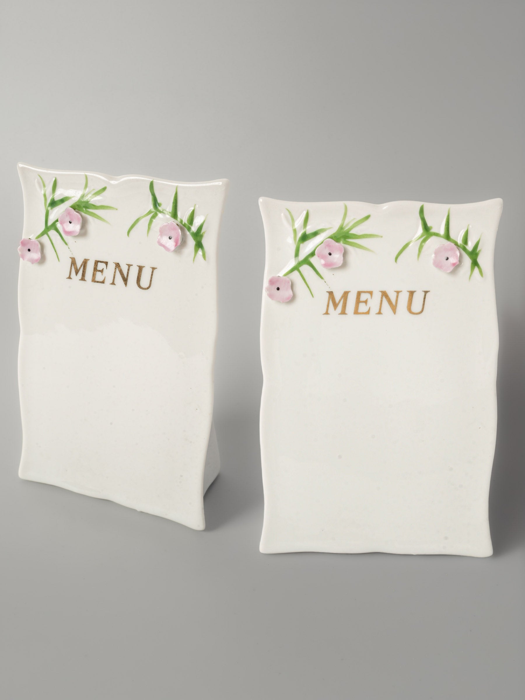 Pair of Vintage Porcelain Menu Plaques with Floral Relief