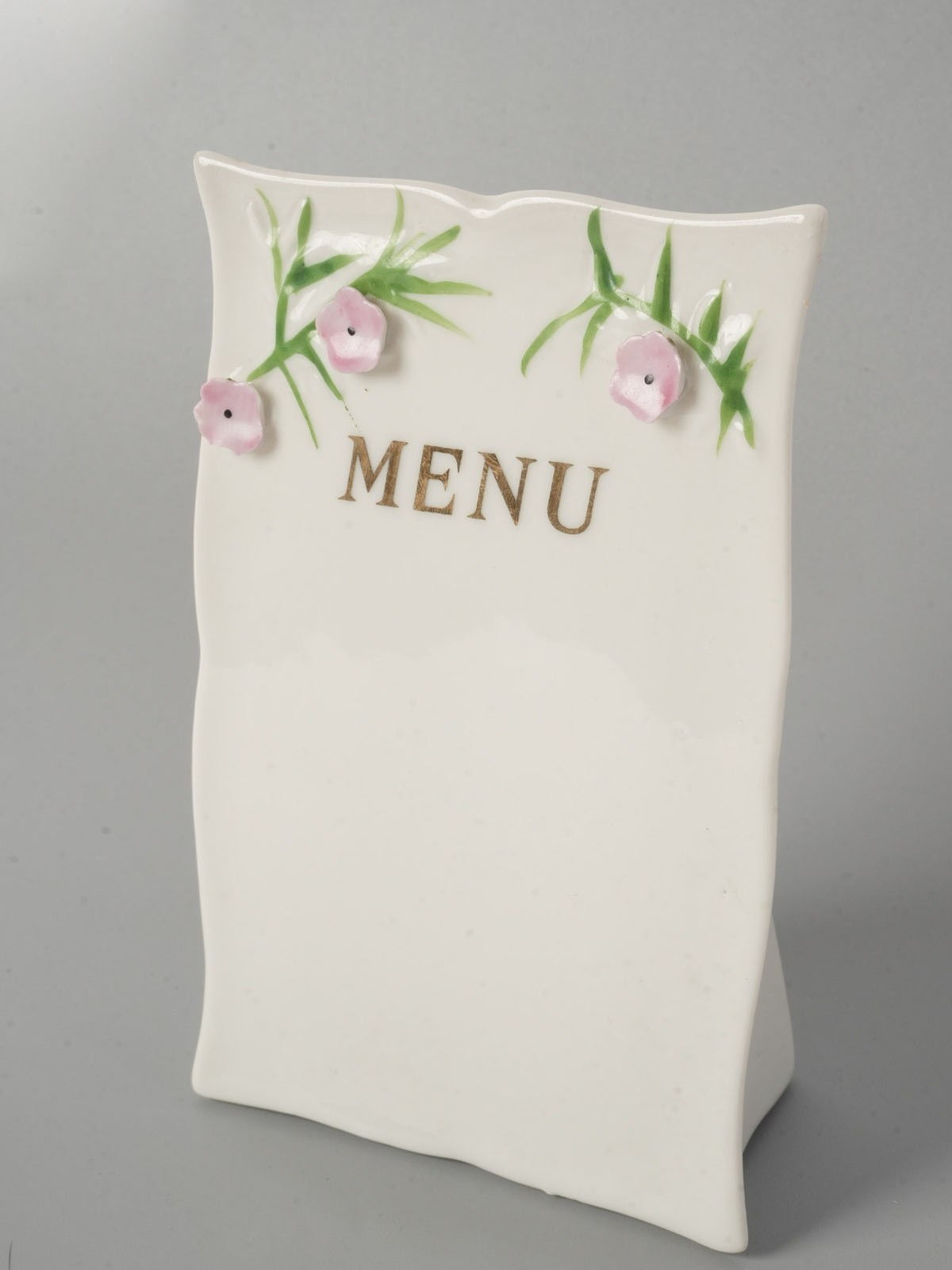 Pair of Vintage Porcelain Menu Plaques with Floral Relief