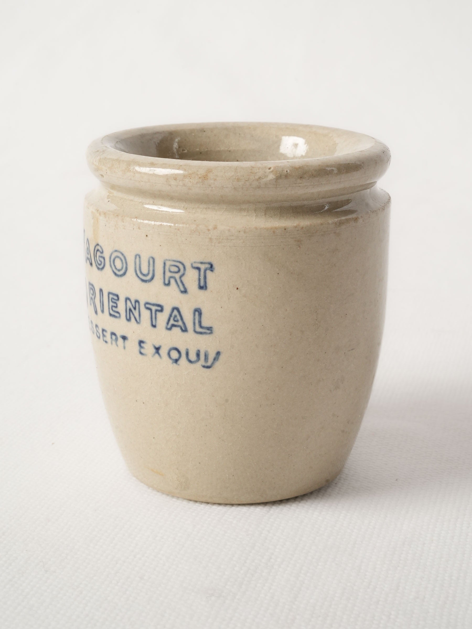Antique French Ceramic Yogurt Pot w/ Blue Lettering 3½"