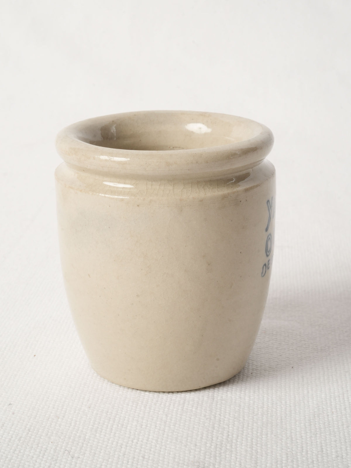 Antique French Ceramic Yogurt Pot w/ Blue Lettering 3½"