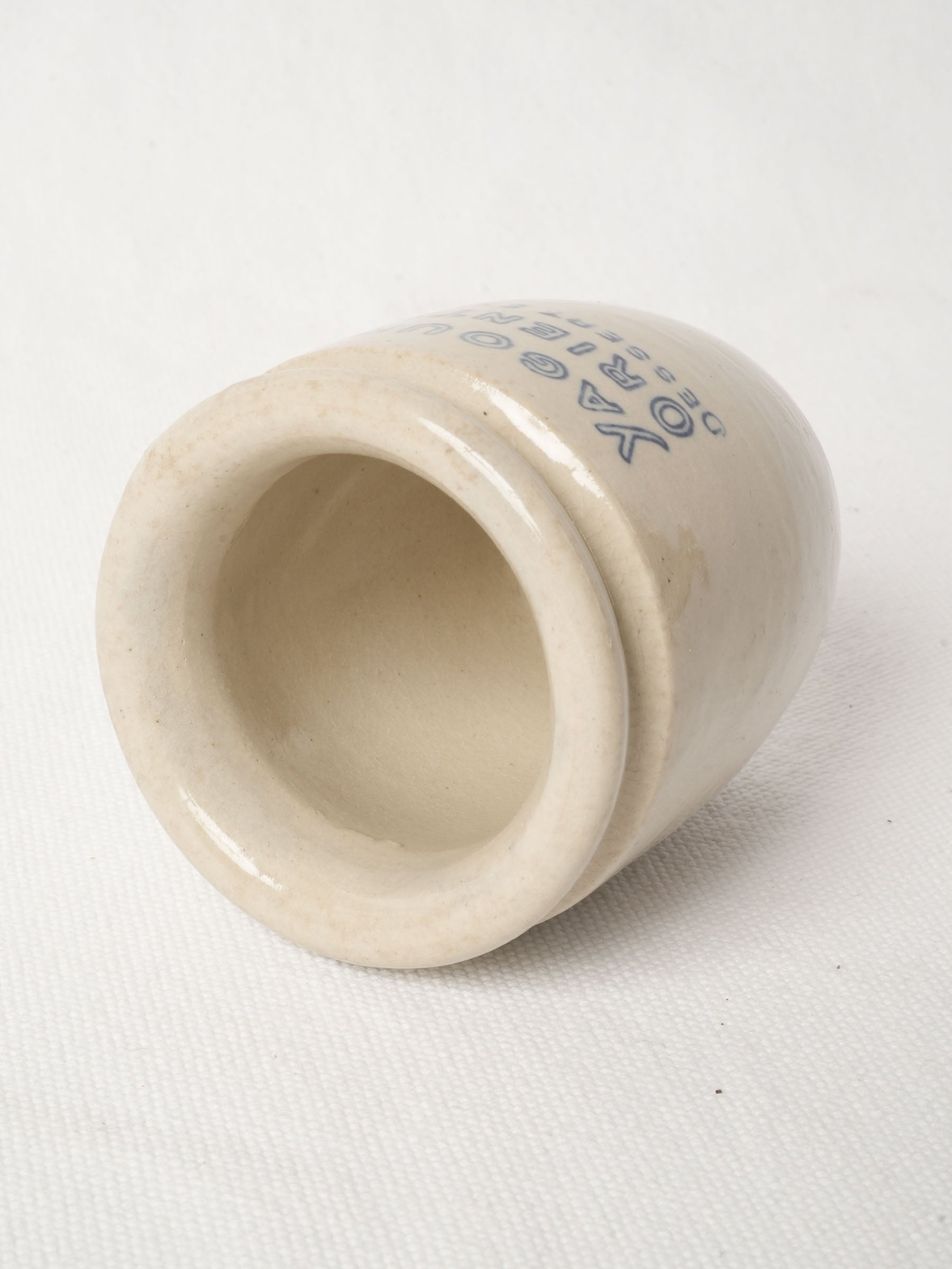 Antique French Ceramic Yogurt Pot w/ Blue Lettering 3½"
