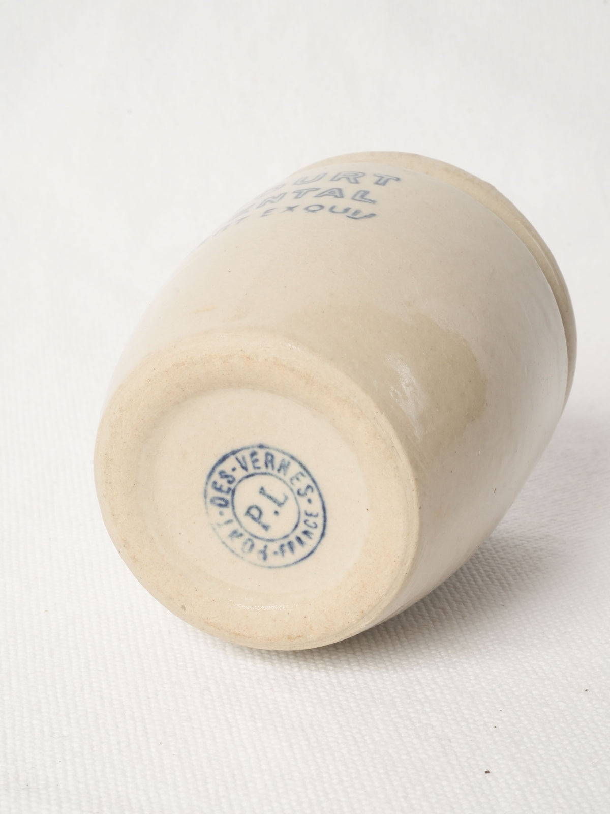 Antique French Ceramic Yogurt Pot w/ Blue Lettering 3½"