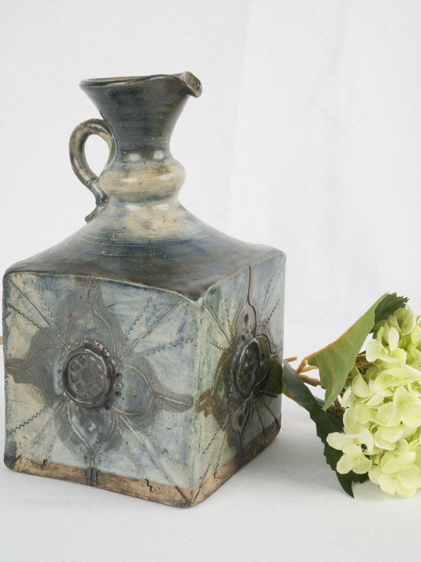 Vintage square ceramic pitcher - blue / gray 10¼"