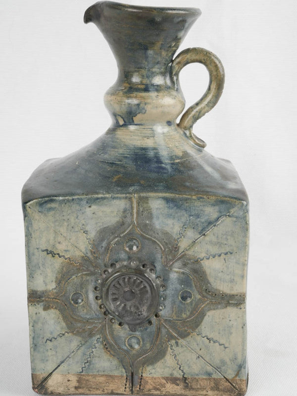 Vintage square ceramic pitcher - blue / gray 10¼"