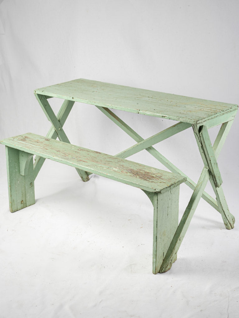 Early 20th Century French Rustic Wooden Table And Bench W/ Original Mint Green Patina - 49½"