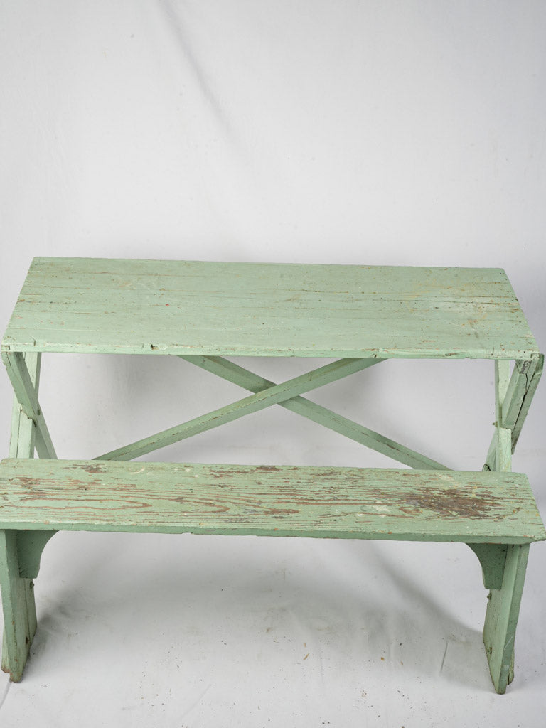 Early 20th Century French Rustic Wooden Table And Bench W/ Original Mint Green Patina - 49½"