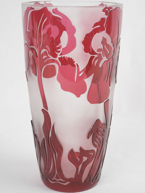 Art Deco glass vase - red w/ iris 9"